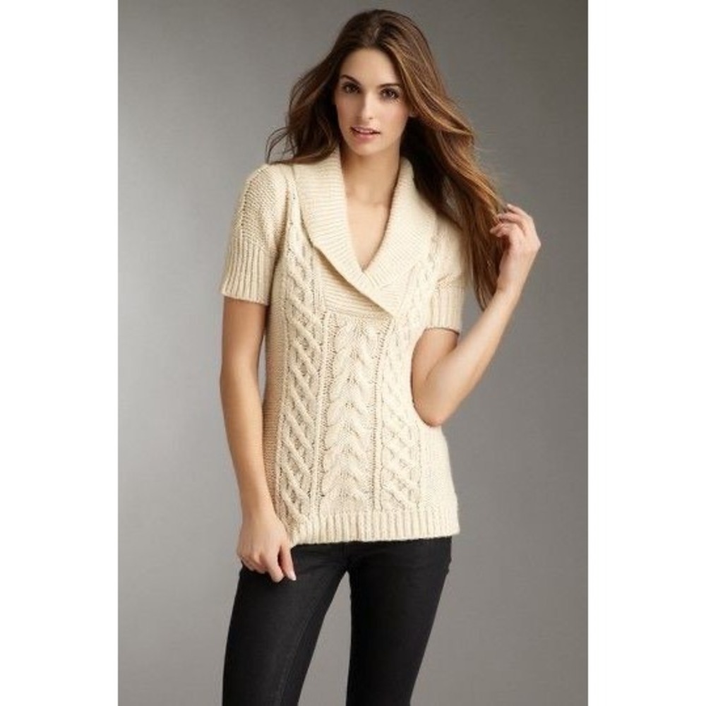 BCBGMAXAZRIA Womens Cream Cable Knit Shawl Collar‎ Short Sleeve Sweater Size S